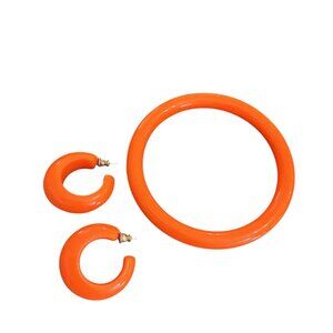 Vintage  80s Orange Bangle And Hoop Earrings Jewelry Set